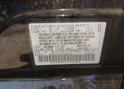 2020 Nissan Sentra S Xtronic Cvt z USA, uszkodzony, nr VIN 3N1AB8BV1LY213221